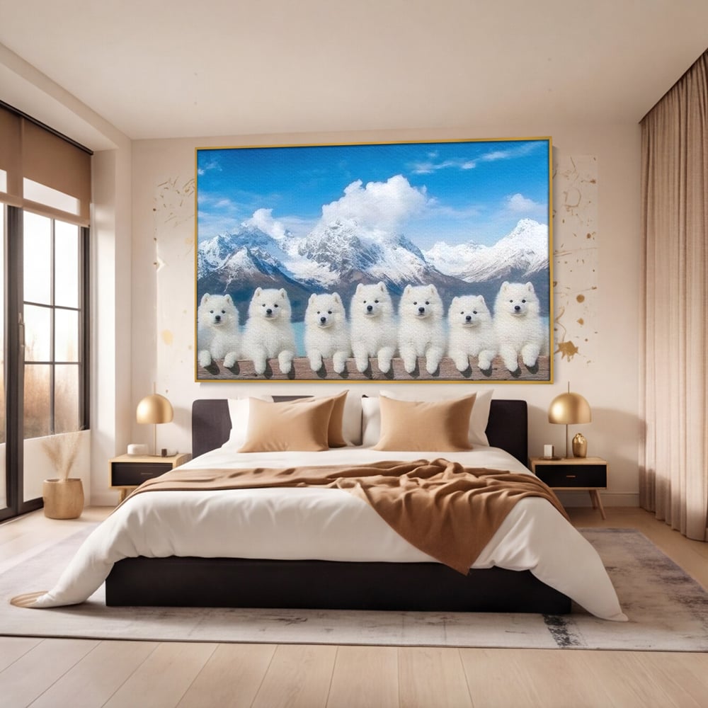 Tablou canvas cu tablou canvas cu sapte catei pe munti, in rama de aluminiu auriu, pe perete intr-un dormitor